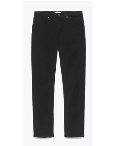 The Frame L’Homme Slim Denim jeans are slim-fit black jeans crafted from sustainable brushed twill, featuring five pockets and a button closure, shown against a white background.