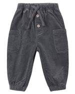 Introducing the Quincy Mae Baby Boys’ and Boys’ Luca Pant—gray organic cotton corduroy pants for toddlers featuring an elastic waistband, drawstring, two front buttons, two large front pockets, and elastic cuffs at the ankles.