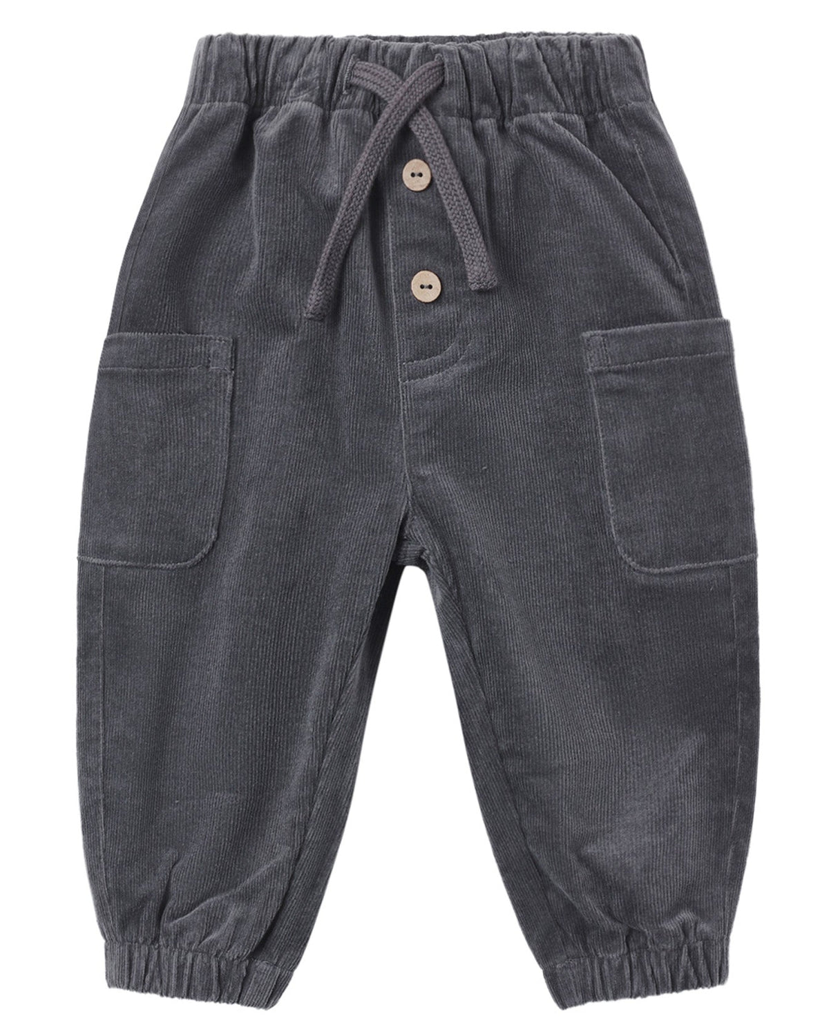 Introducing the Quincy Mae Baby Boys’ and Boys’ Luca Pant—gray organic cotton corduroy pants for toddlers featuring an elastic waistband, drawstring, two front buttons, two large front pockets, and elastic cuffs at the ankles.