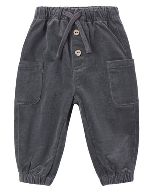Introducing the Quincy Mae Baby Boys’ and Boys’ Luca Pant—gray organic cotton corduroy pants for toddlers featuring an elastic waistband, drawstring, two front buttons, two large front pockets, and elastic cuffs at the ankles.