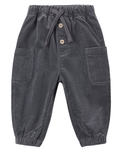 Introducing the Quincy Mae Baby Boys’ and Boys’ Luca Pant—gray organic cotton corduroy pants for toddlers featuring an elastic waistband, drawstring, two front buttons, two large front pockets, and elastic cuffs at the ankles.