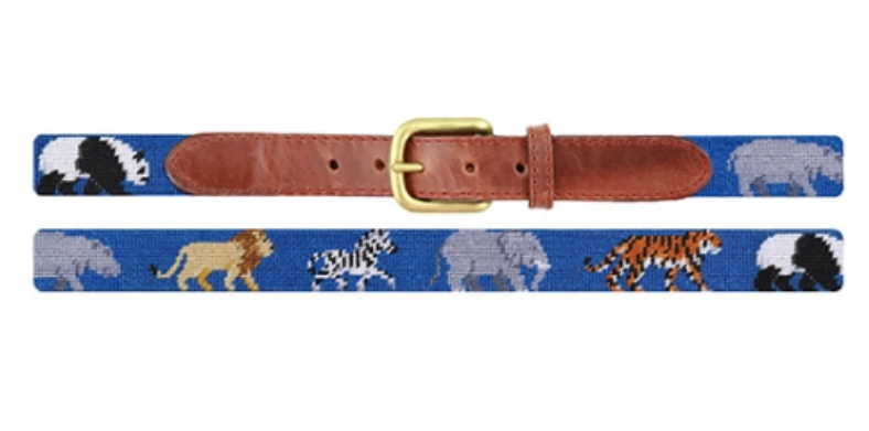 Two Smathers & Branson Children's Zoo Belts, one depicting various African animals on a blue background and the other with a brown leather end and buckle.