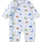 The Kissy Kissy Baby Boys' Dinosaur Domain Playsuit features a white base with blue, green, and brown dinosaur prints, diagonal striped trim, side snap closure, and is crafted from soft Pima cotton for comfort.