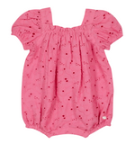 Tartine et Chocolat Baby Girls’ English Embroidery Bubble features puffed short sleeves, a delicate floral eyelet pattern, elastic leg openings, and a gathered neckline.