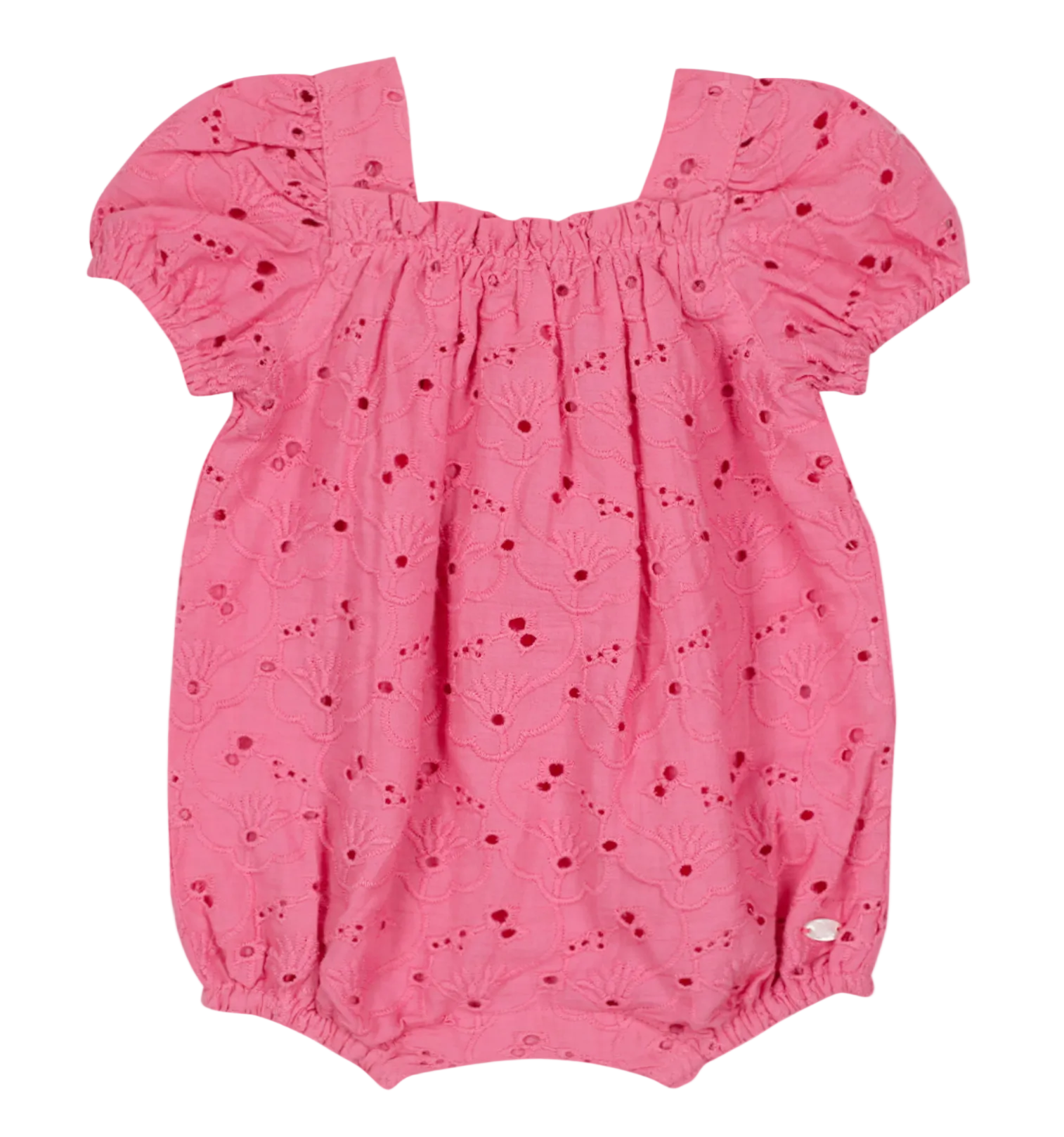 Tartine et Chocolat Baby Girls’ English Embroidery Bubble features puffed short sleeves, a delicate floral eyelet pattern, elastic leg openings, and a gathered neckline.