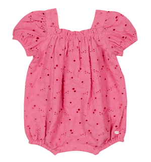 Tartine et Chocolat Baby Girls’ English Embroidery Bubble features puffed short sleeves, a delicate floral eyelet pattern, elastic leg openings, and a gathered neckline.