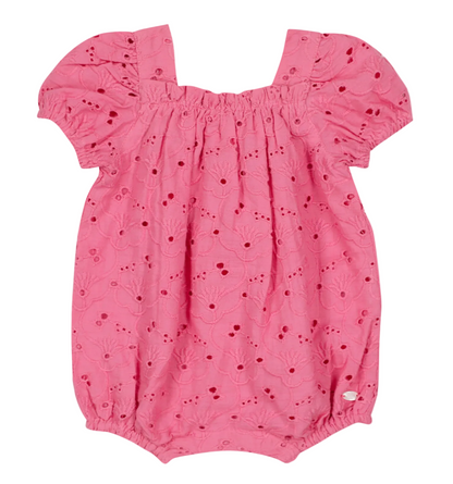 Tartine et Chocolat Baby Girls’ English Embroidery Bubble features puffed short sleeves, a delicate floral eyelet pattern, elastic leg openings, and a gathered neckline.