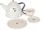 Konges Slojd Blue Dot Tea Party Set including an off-white teapot, teacup, saucer, and small plate decorated with blue polka dots and cherry illustrations.