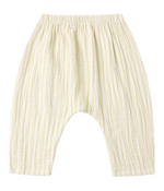 The Rylee & Cru Baby Rowan Pant is a light yellow woven cotton children's pant featuring an elastic waistband and subtle vertical stripes, shown laid flat on a white background.