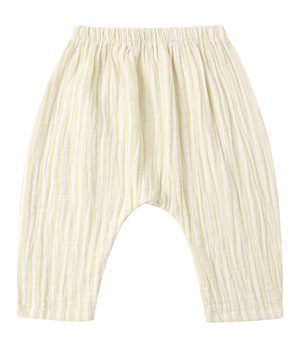 The Rylee & Cru Baby Rowan Pant is a light yellow woven cotton children's pant featuring an elastic waistband and subtle vertical stripes, shown laid flat on a white background.