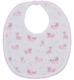 The Kissy Kissy Puppy Paws Printed Bib features soft white Pima cotton decorated with playful pink cartoon puppies and puppy paw prints, finished with a delicate pink scalloped trim and secured at the neck with an easy snap button.