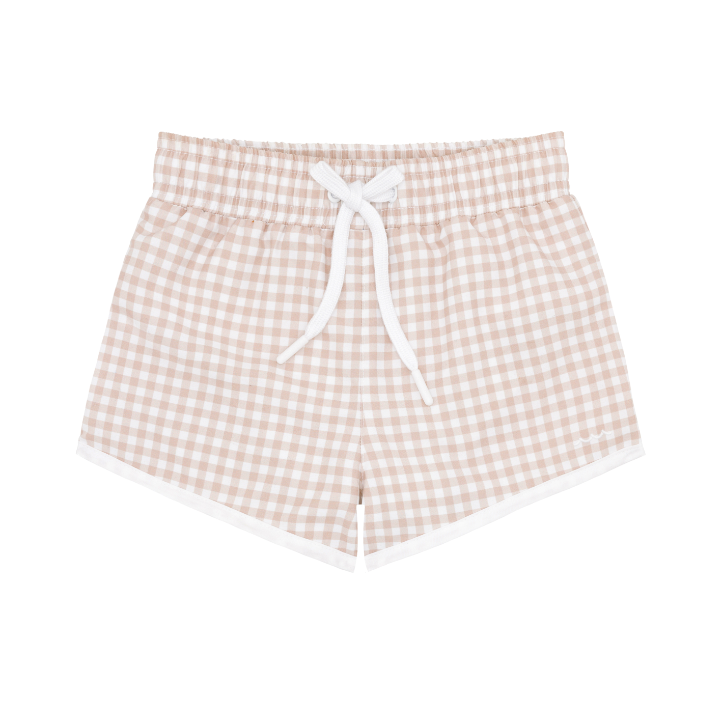 The Minnow Boy's Boardie, by the brand Minnow, are beige and white checkered shorts designed with a white drawstring and an elastic waistband. These shorts focus on providing comfort and mobility for boys' style. Ideal to pair with a UPF 50+ rashguard, they are showcased against a simple background.