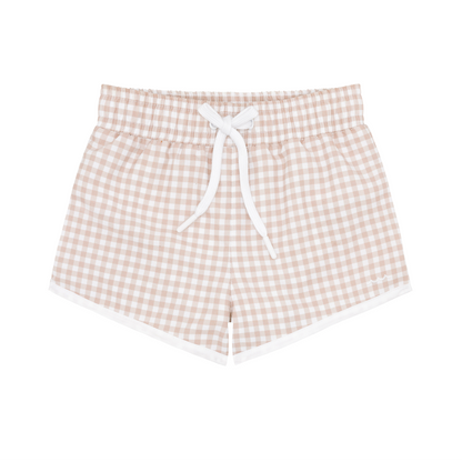 The Minnow Boy's Boardie, by the brand Minnow, are beige and white checkered shorts designed with a white drawstring and an elastic waistband. These shorts focus on providing comfort and mobility for boys' style. Ideal to pair with a UPF 50+ rashguard, they are showcased against a simple background.