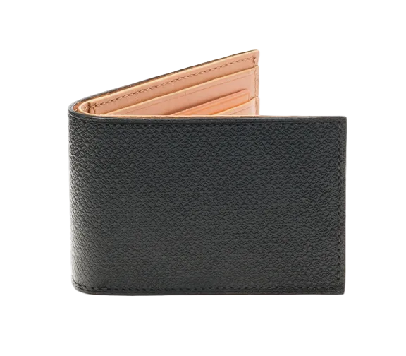 The Magnanni Slim Fold Wallet features black textured calfskin leather and a tan interior. Shown partially open, this elegant and practical wallet combines style with slim design.