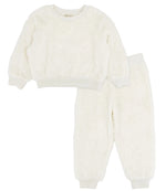 A two-piece Feather 4 Arrow Baby Girls’ and Girl’s Yummy Plush Set, featuring a fuzzy white long-sleeve pullover top and matching cuffed pants, laid flat on a white background. This soft set is the perfect cozy kids lounge outfit for relaxing in comfort and style.