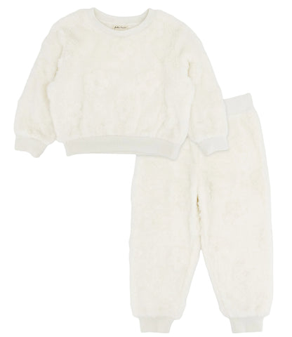 A two-piece Feather 4 Arrow Baby Girls’ and Girl’s Yummy Plush Set, featuring a fuzzy white long-sleeve pullover top and matching cuffed pants, laid flat on a white background. This soft set is the perfect cozy kids lounge outfit for relaxing in comfort and style.