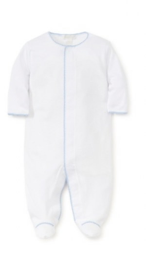 The Kissy Kissy Premier Basics Footie is a white baby onesie made from soft Pima cotton with long sleeves, closed feet, and charming light blue trim along the edges.