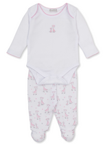 Dress your little one in the charming Kissy Kissy Baby Just Giraffes Footed Pant Set, featuring a white long-sleeve bodysuit with pink trim and cute giraffe print, perfectly paired with coordinating white footed pants adorned with a playful pink giraffe pattern.