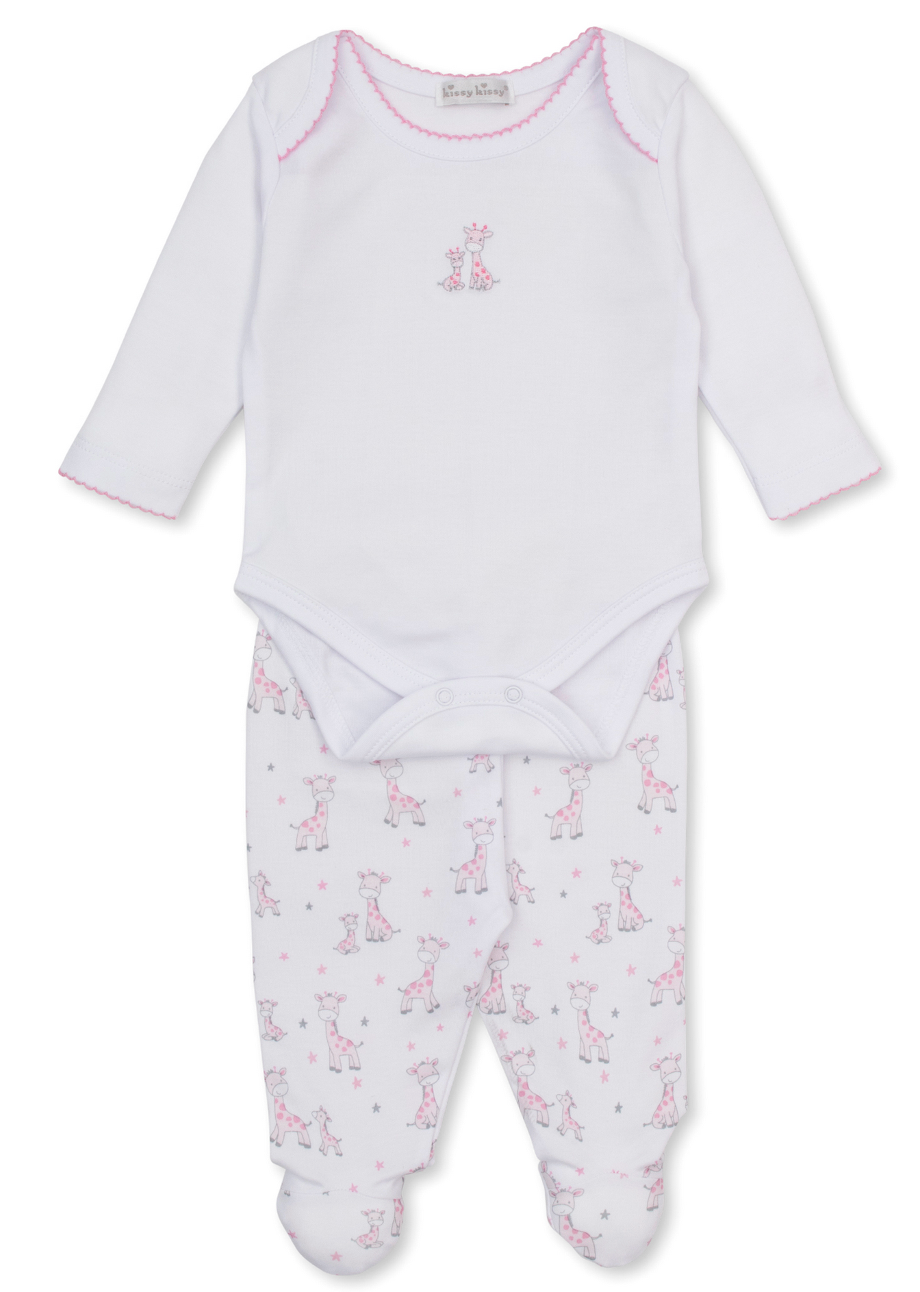 Dress your little one in the charming Kissy Kissy Baby Just Giraffes Footed Pant Set, featuring a white long-sleeve bodysuit with pink trim and cute giraffe print, perfectly paired with coordinating white footed pants adorned with a playful pink giraffe pattern.