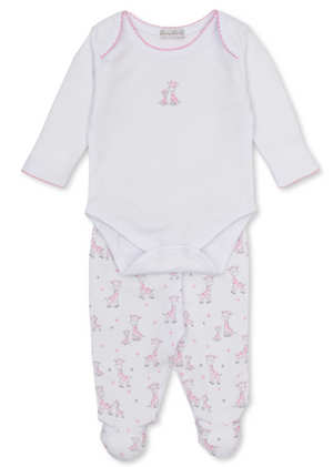 Dress your little one in the charming Kissy Kissy Baby Just Giraffes Footed Pant Set, featuring a white long-sleeve bodysuit with pink trim and cute giraffe print, perfectly paired with coordinating white footed pants adorned with a playful pink giraffe pattern.