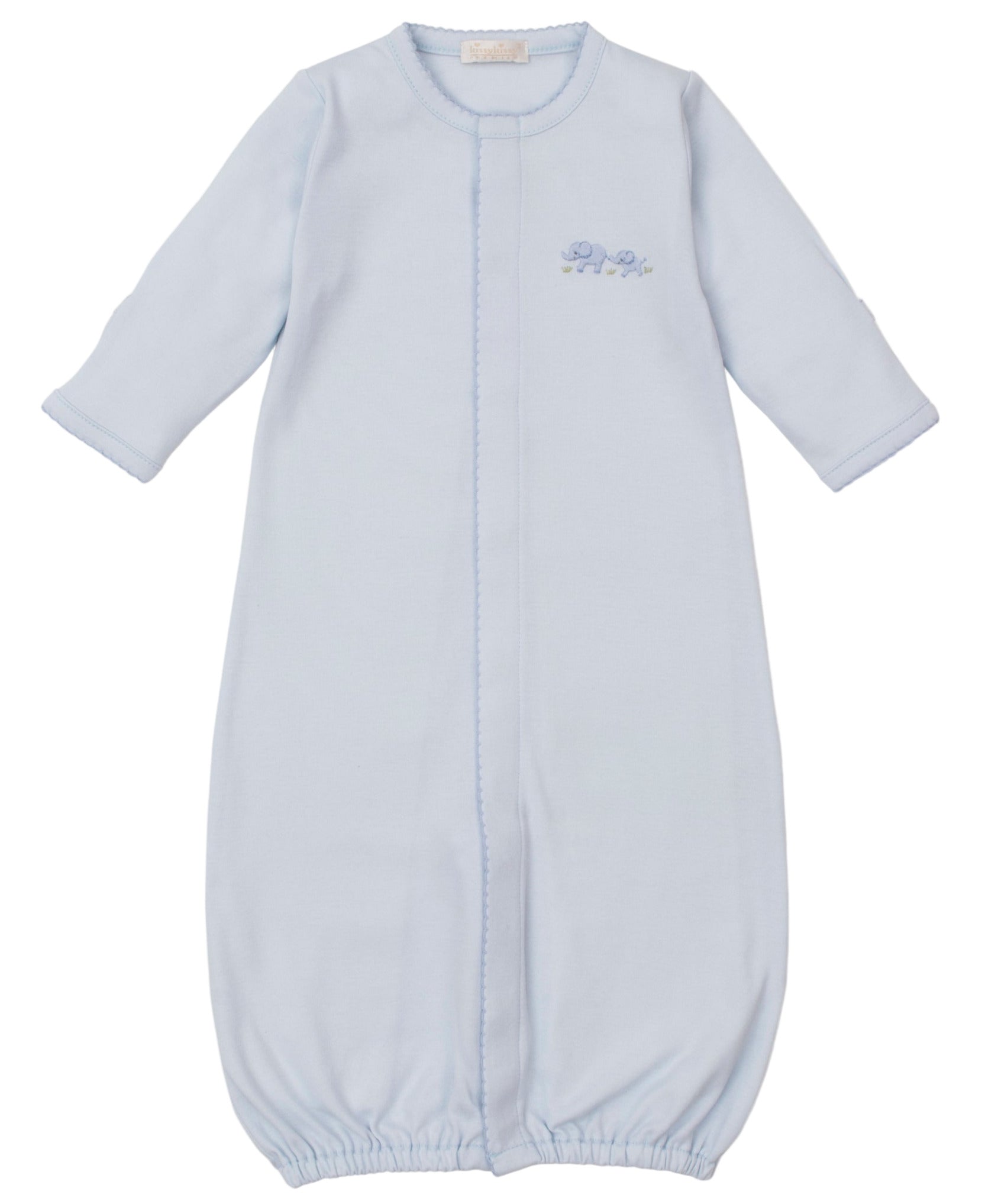 The Kissy Kissy Premier Elephant Esprit Converter Gown features soft Pima cotton, long sleeves, an elasticized hem, and elegant hand embroidery on the chest.