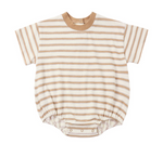 The Rylee & Cru Baby Relaxed Bubble Romper features tan and white horizontal stripes, a tan collar, elastic leg openings, and convenient bottom snaps for easy dressing and quick changes.