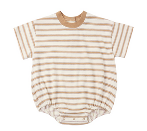 The Rylee & Cru Baby Relaxed Bubble Romper features tan and white horizontal stripes, a tan collar, elastic leg openings, and convenient bottom snaps for easy dressing and quick changes.