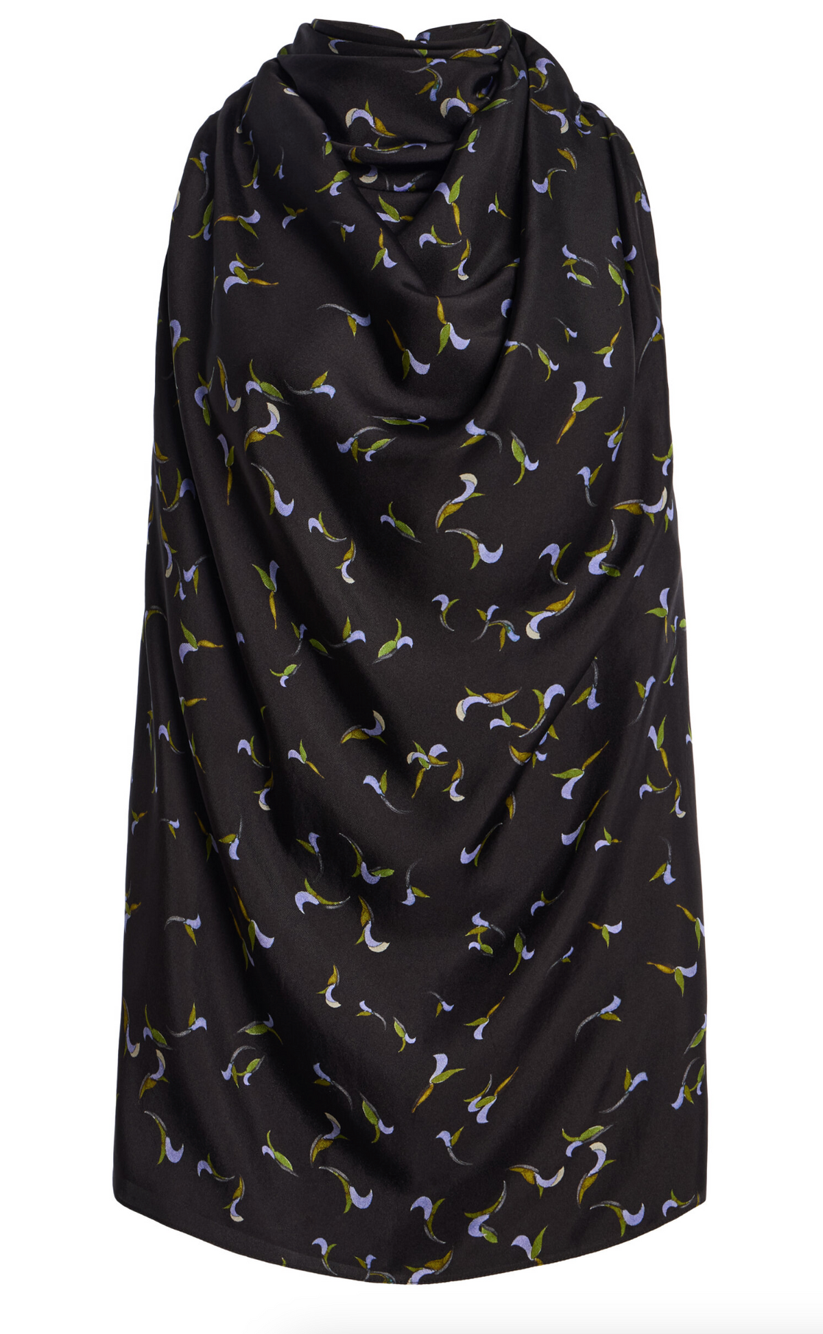 The Altuzarra Sleary Top is a black draped silk sleeveless top adorned with a scattered floral pattern in green, blue, and yellow. It features an elegant cowl neckline and is presented against a plain white background.