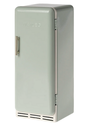 The Maileg Miniature Fridge is a small, mint green, vintage-style metal fridge featuring a single door and the Maileg name embossed on the front—an ideal dollhouse accessory or toy refrigerator to inspire imaginative play.