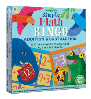 A vibrant box for Eeboo's "Simple Math Bingo" showcases playful animals and numbered tiles. This engaging game is designed to help children ages 5 and up build essential addition and subtraction skills.