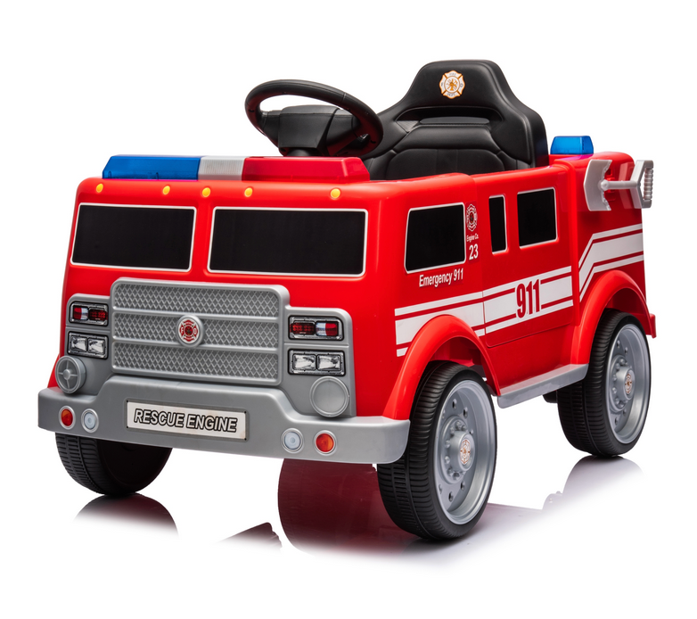The Freddo Fire Truck is a kids' ride-on with a steering wheel, black seat, emergency lights, and "911" markings—offering interactive features for realistic play.