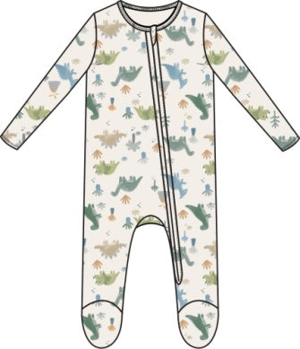 The Angel Dear Baby 2-Way Bamboo Zipper Footie is a long-sleeve onesie made from soft bamboo, featuring a vibrant dinosaur print on a white background.