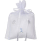 Kissy Kissy’s white drawstring gift bag, featuring embroidered blue and gray safari animals and finished with a white ribbon bow at the top, is perfect for presenting a thoughtful baby gift such as the SCE Safari Party Musical Pillow.