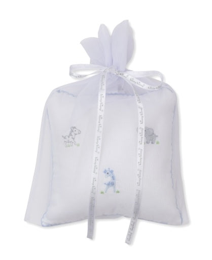 Kissy Kissy’s white drawstring gift bag, featuring embroidered blue and gray safari animals and finished with a white ribbon bow at the top, is perfect for presenting a thoughtful baby gift such as the SCE Safari Party Musical Pillow.